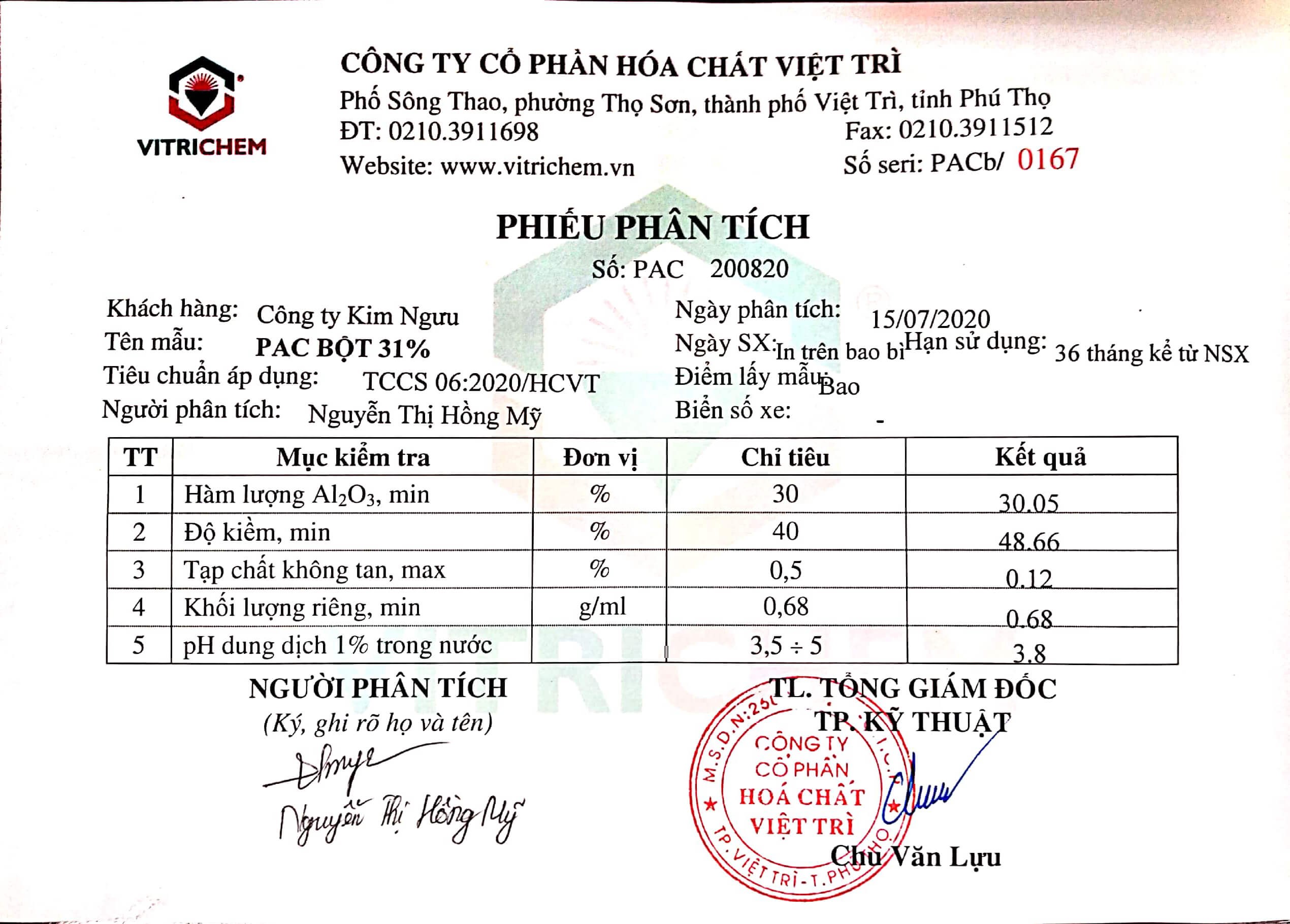 Kết quả phân tích PAC 31% Việt Trì